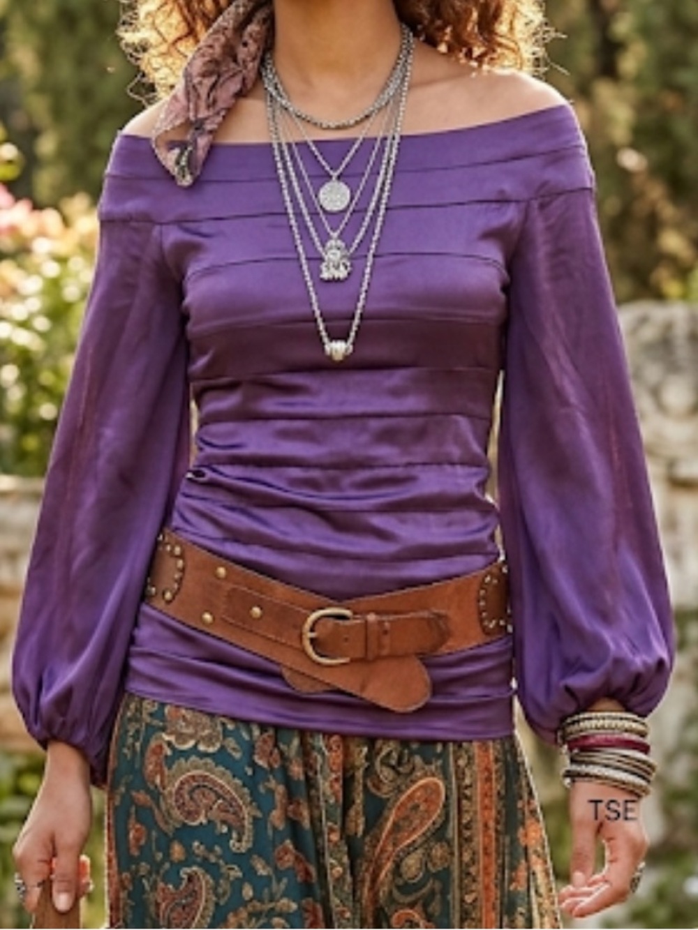 Vintage Y2K Purple 100% silk sheer balloon long sleeve fitted boat neck blouse S